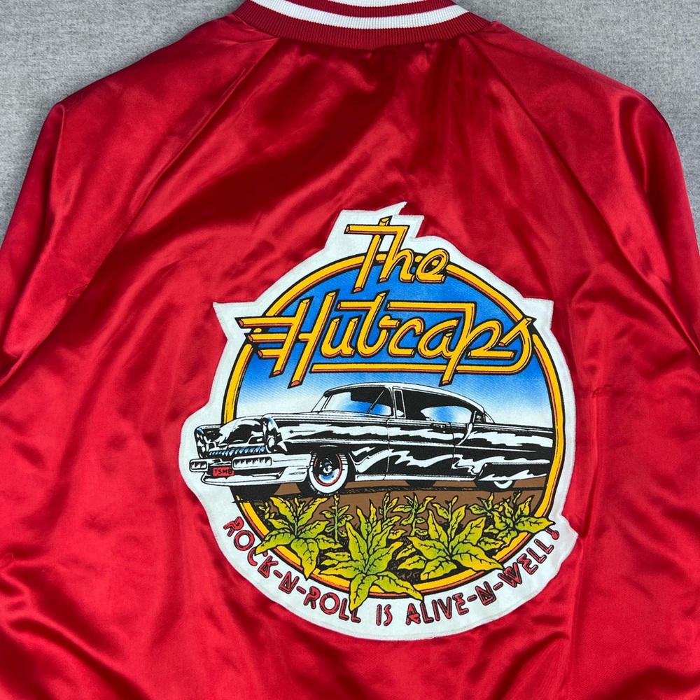 Vintage American Fit The Hubcaps Rock N Roll‎ Satin Bomber Jacket Red Mens XL